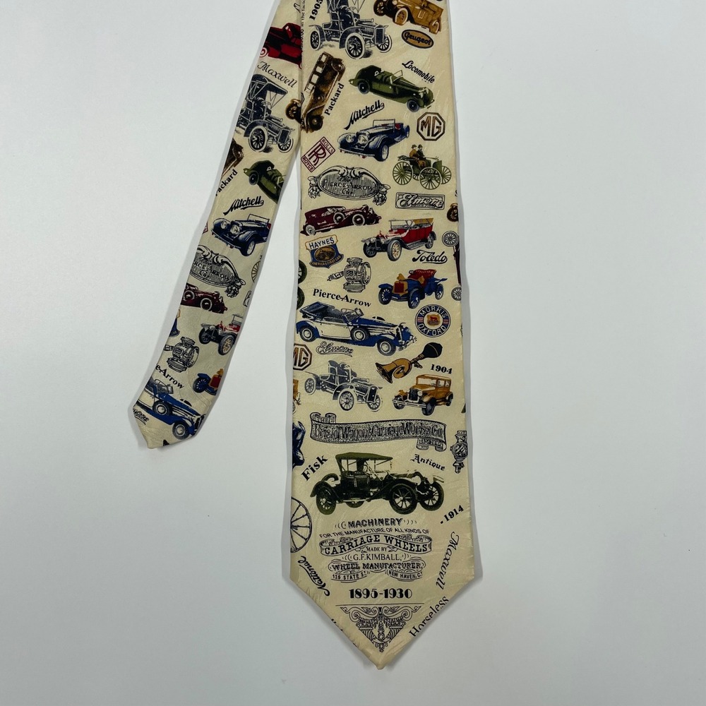 Museum Artifacts Cream Antique Classic Cars All Silk Necktie Mens OS